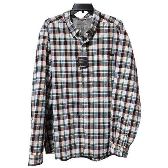 NWT Eddie Bauer UPF 40 MR Long-Sleeve Pack It Tech Seersucker Dk Sable Size XXL - Picture 1 of 12